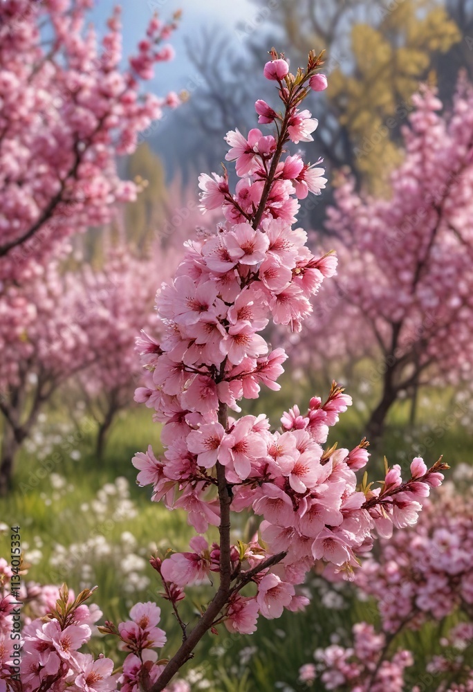 Masses of pink Prunus triloba flowers blooming on trees in a meadow, ornamental plants, pink flowers Masses of pink Prunus triloba flowers blooming on trees in a meadow, ornamental plants, pink flowers