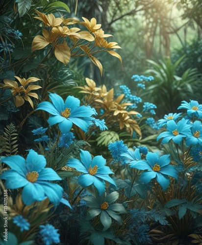 serene jungle scene with metallic gold blue flowers in a soft light turquoise hue, jungle, soft light turqouise photo