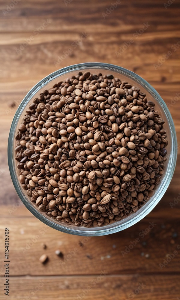 A glass bowl filled with a handful of whole chai seeds on a wooden table, kitchen utensils, dried seeds, whole A glass bowl filled with a handful of whole chai seeds on a wooden table, kitchen utensils, dried seeds, whole