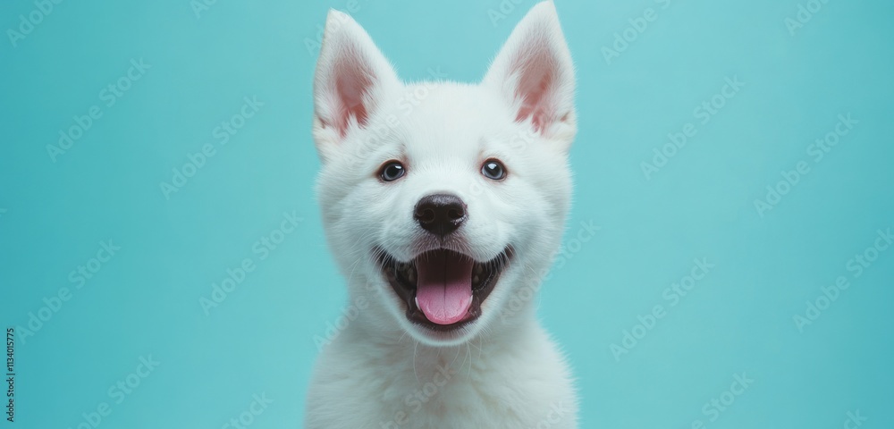 Happy white puppy smiles against a light blue background. Happy white puppy smiles against a light blue background.