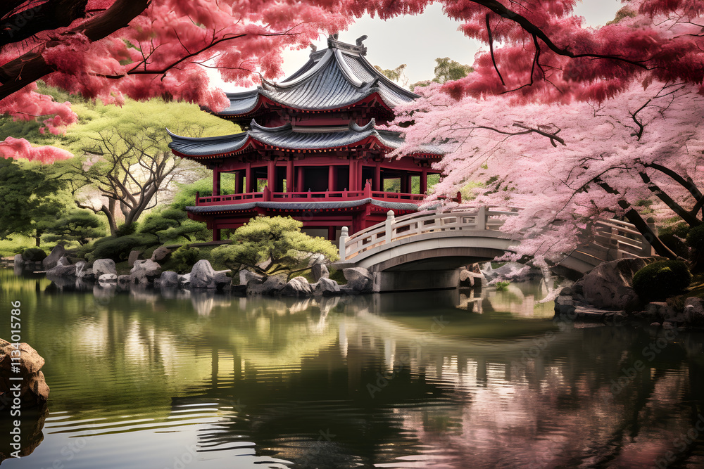 Harmonious Depiction of an Asian Temple in a Blossoming Garden: A Vivid Ensemble of Traditional Asian Art Harmonious Depiction of an Asian Temple in a Blossoming Garden: A Vivid Ensemble of Traditional Asian Art