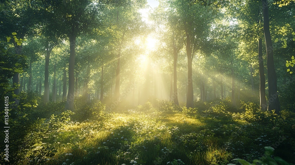 Sunlight streams through tall trees, illuminating the serene forest floor in this tranquil nature scene.