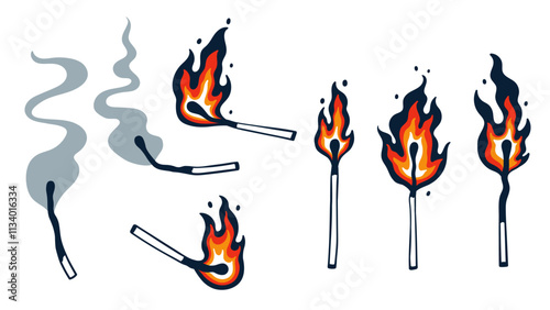 Set of burning and extinguished matches. Vector graphics.