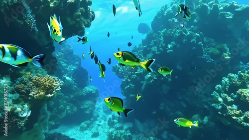 A vibrant coral reef with colorful tropical fish swimming in crystal-clear underwater scenery. photo