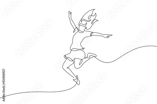 Continuous One Line Drawing of Woman Jumping. Happy Woman Jumping Single Line Drawing Black Sketch Isolated on White Background. Linear Graphic Vector Illustration for Minimalist Design