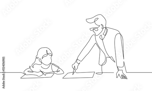 Teacher and Girl Student at School Silhouette Continuous One Line Art Drawing. Vector Illustration of Education Process in Line Art Style. Minimalist Outline Illustration for Education Design