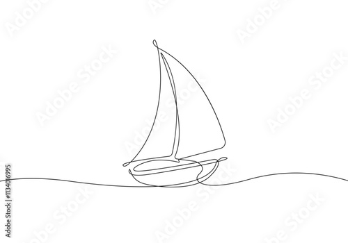 Sailboat One Line Drawing, Vector Continuous Single Line Art Yacht Isolated on White Background. Sailboat Minimalism Hand Drawn Style. Minimalist Sketch Contour Art.