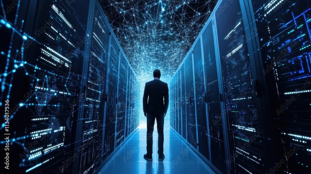 Obraz premium man in server room data center networking technology digital tra
