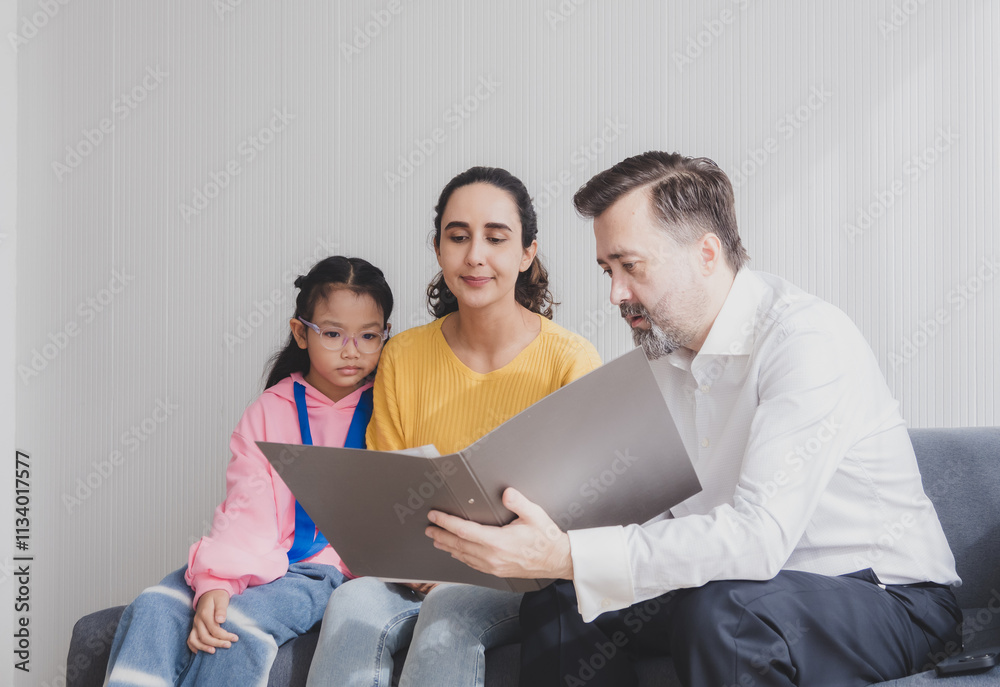 Mother latin woman and daughter sit sofa with man business caucasian sitting three pason talk giving advice and think analyze look insurance, investment and financial documents in agreement in room