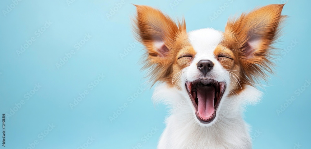 Happy dog with mouth open, ears up, against a light blue background. Happy dog with mouth open, ears up, against a light blue background.