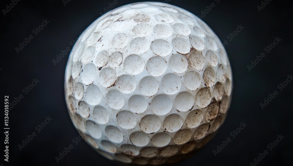 Close-up of a dirty, used golf ball against a dark background. Close-up of a dirty, used golf ball against a dark background.