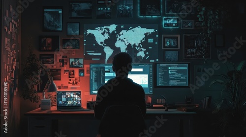 hacker working at night in a dark room