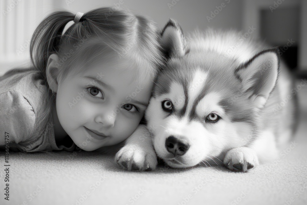 Adorable toddler girl cuddling with a Siberian Husky puppy. Adorable toddler girl cuddling with a Siberian Husky puppy.