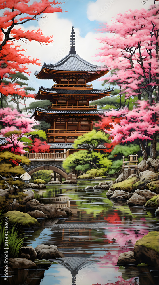 Harmonious Depiction of an Asian Temple in a Blossoming Garden: A Vivid Ensemble of Traditional Asian Art Harmonious Depiction of an Asian Temple in a Blossoming Garden: A Vivid Ensemble of Traditional Asian Art