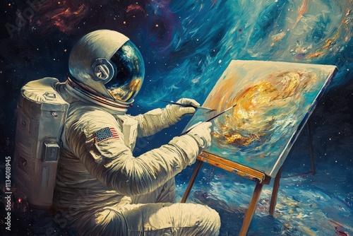 a man in a spacesuit painting a picture on an easel photo