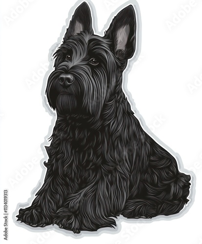 A black Scottish Terrier dog sitting, illustrated.