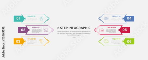 6 points template infographic outline style with 6 point step template with rectangle arrow box container head to head direction for slide presentation