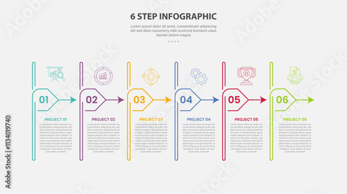 6 points template infographic outline style with 6 point step template with creative table line with creative arrow continous right direction for slide presentation