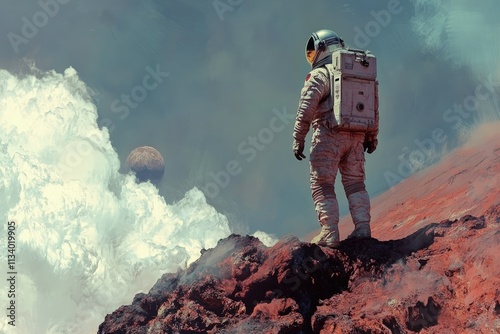 a man in a space suit standing on a rocky surface photo