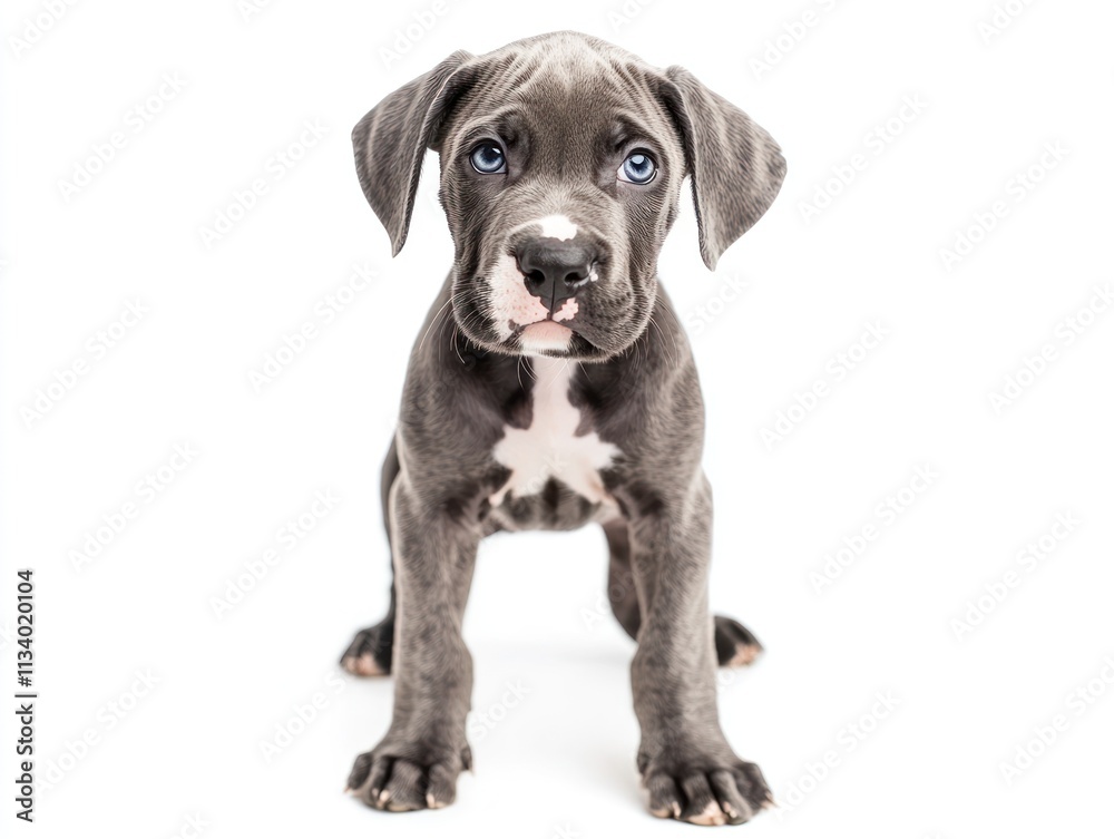 Adorable gray puppy with blue eyes sitting on white background. Adorable gray puppy with blue eyes sitting on white background.