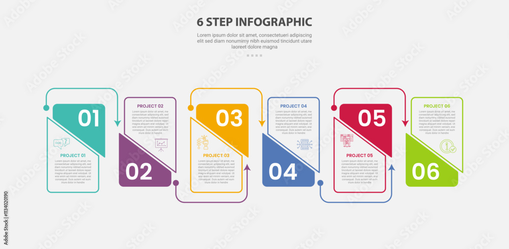 Obraz premium 6 points template infographic outline style with 6 point step template with creative slice table shape with up and down on horizontal direction for slide presentation