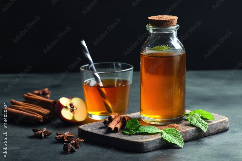 Apple cider vinegar drink in glass bottle and glass with cinnamon sticks, apple slices, and mint leaves on dark background. Apple cider vinegar drink in glass bottle and glass with cinnamon sticks, apple slices, and mint leaves on dark background.