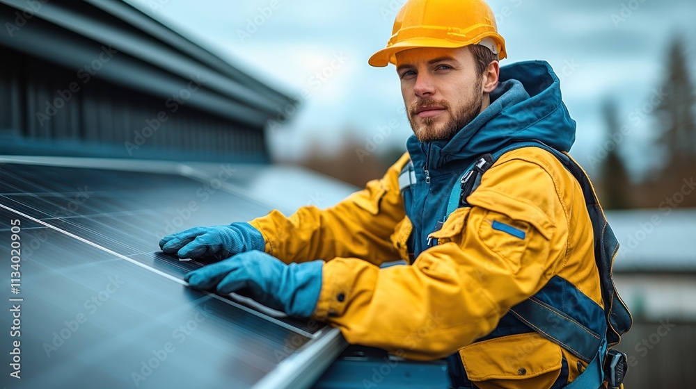 Solar Panel Technician Installing Clean Energy on a Roof