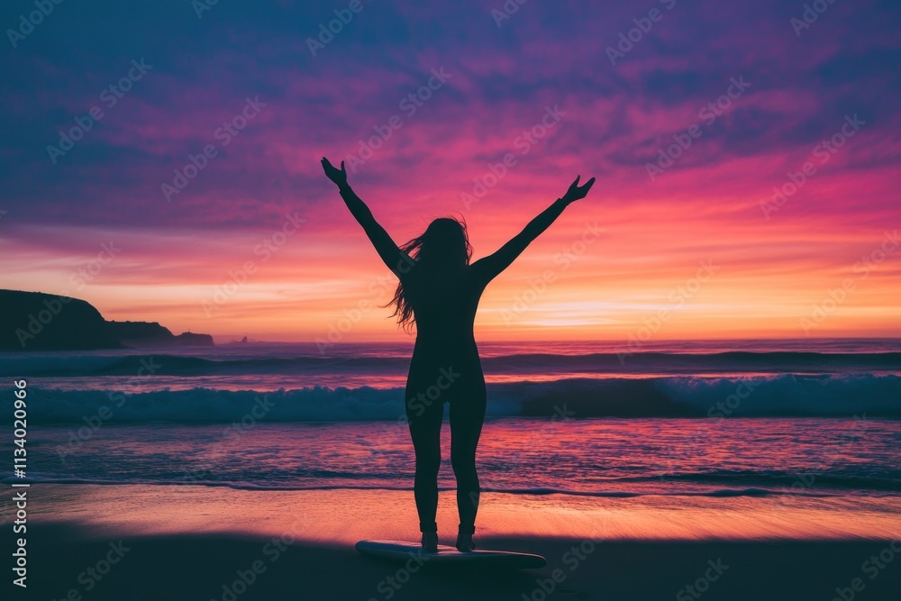 Silhouette of woman surfer at sunset, arms raised in victory. Silhouette of woman surfer at sunset, arms raised in victory.