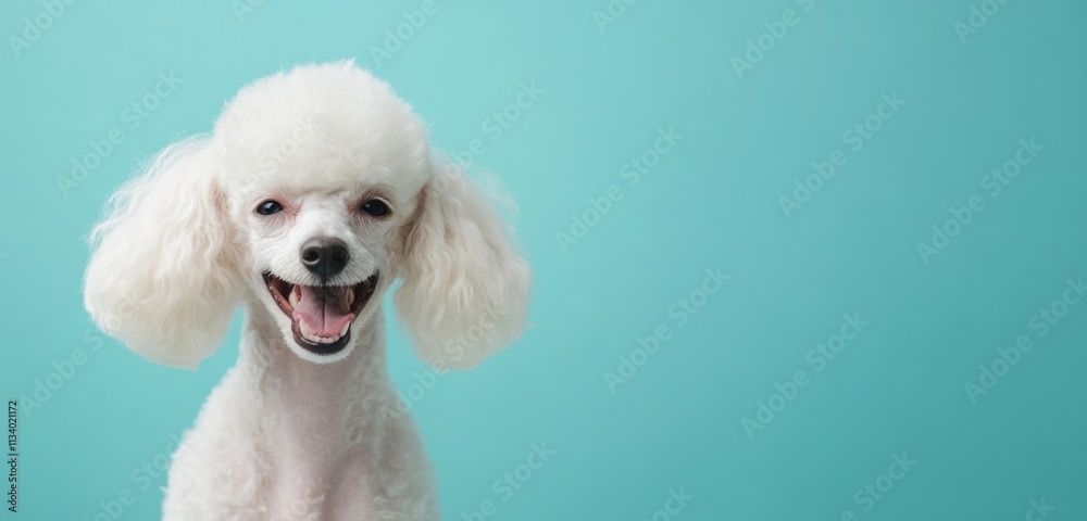 Happy white poodle dog smiling against a teal background. Happy white poodle dog smiling against a teal background.
