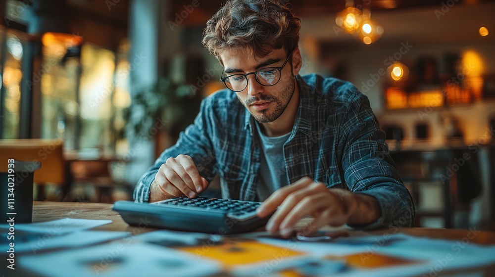 Focused Young Man Working with Calculator and Documents in a Cafe Focused Young Man Working with Calculator and Documents in a Cafe
