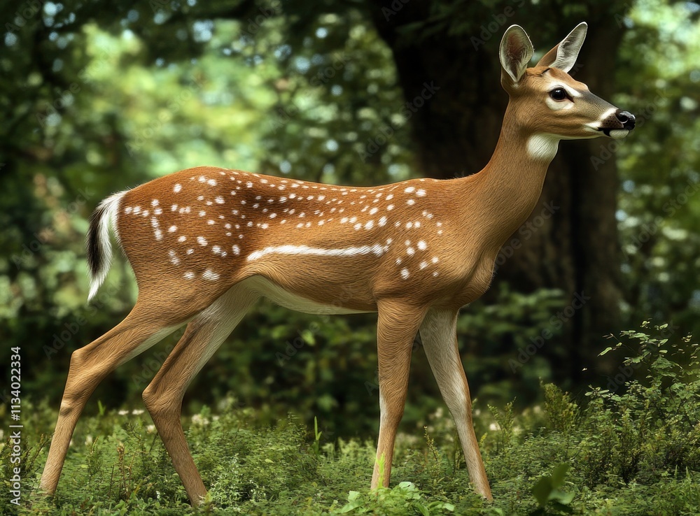 White-tailed deer fawn standing in a forest. White-tailed deer fawn standing in a forest.