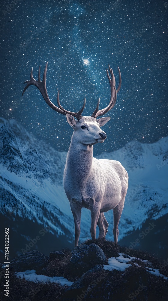 Fototapeta premium A majestic white deer with perfect antlers, on the mountain and the view of the stars in the beautiful sky