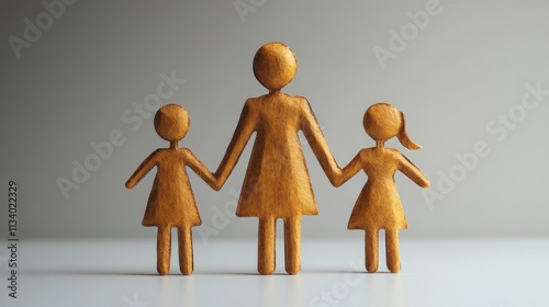 Wooden figures representing a family holding hands, symbolizing love, connection, and unity, showcasing the bond between a mother and her children in warm tones
