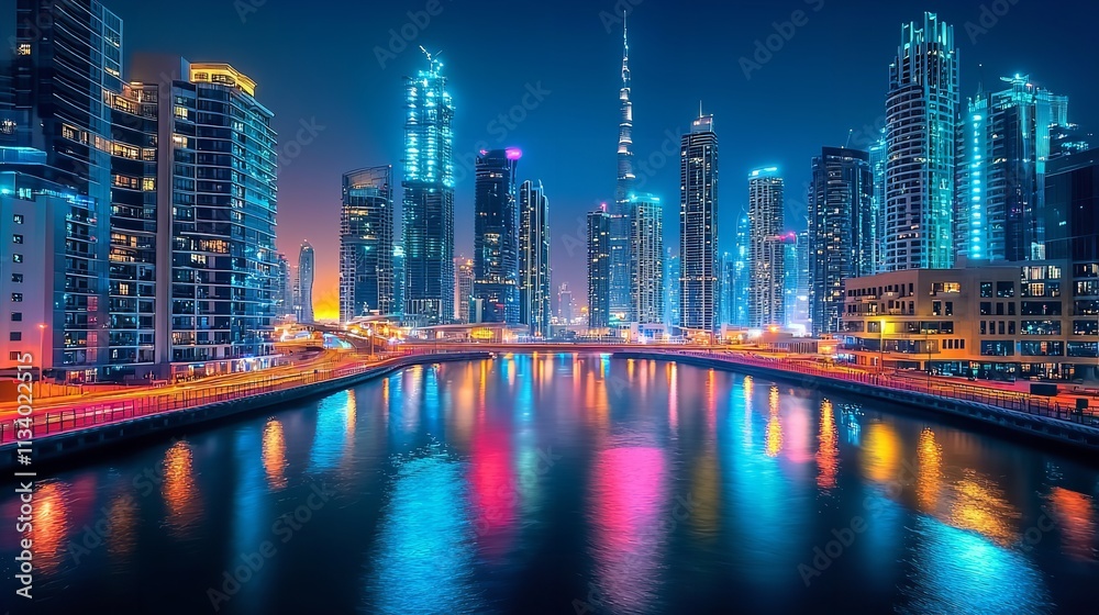 Fototapeta premium Dubai Cityscape at Night, Long Exposure (16K Resolution)
