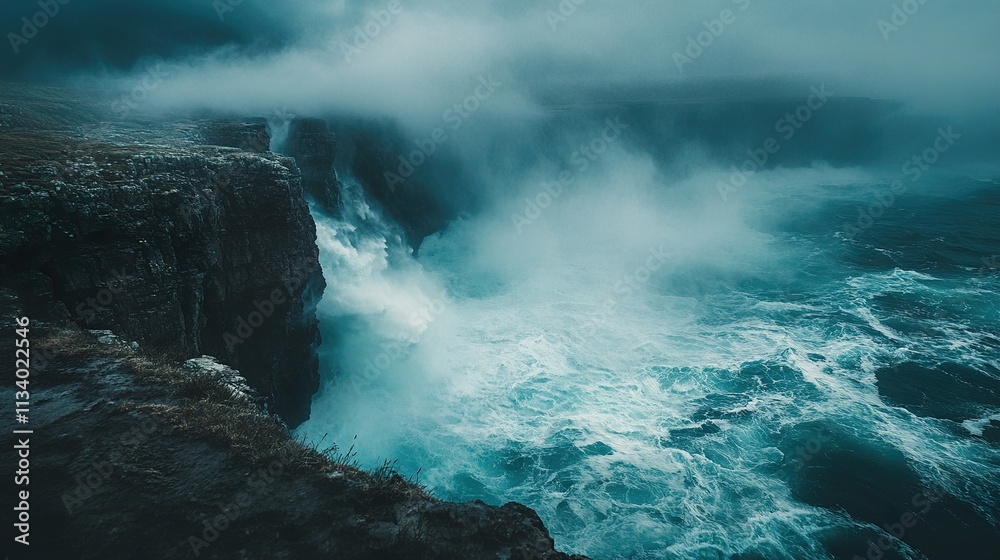 Dramatic Ocean Waves Crashing Against a Misty Cliff Dramatic Ocean Waves Crashing Against a Misty Cliff