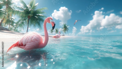 Pink flamingo in shallow turquoise water, tropical beach background. Ideal for travel, vacation, or summer themes. photo