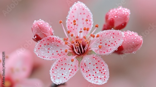 Pink flower blossom covered in dew drops; close-up shot. Perfect for spring, nature, and beauty themes; evokes freshness and serenity.