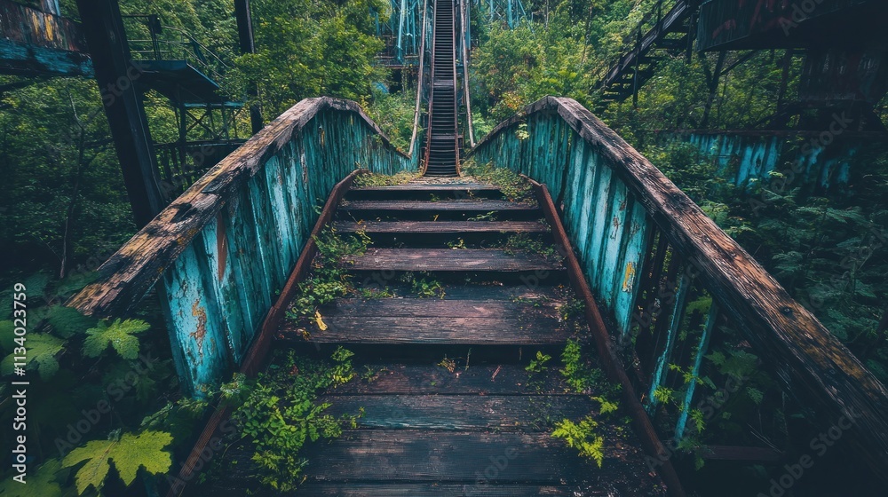 Decaying wooden steps leading upward through overgrown jungle-like scenery. Decaying wooden steps leading upward through overgrown jungle-like scenery.