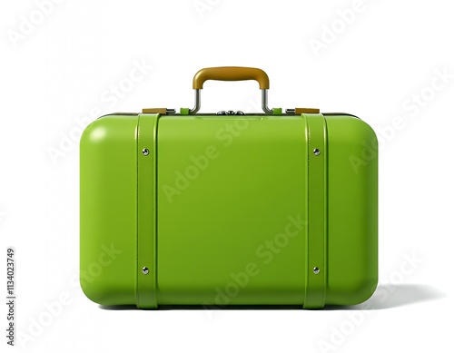  green suitcase with wooden handle on white background. photo