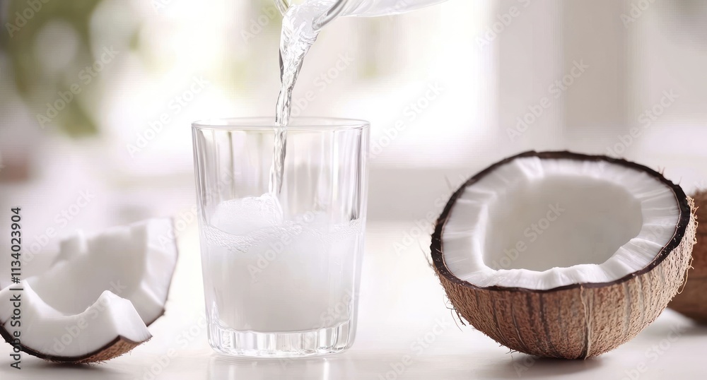 Coconut water pouring into glass from bottle, with cracked coconuts. Coconut water pouring into glass from bottle, with cracked coconuts.