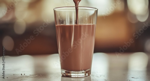 Chocolate milk pouring into a glass. photo