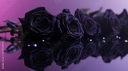 Deep purple roses reflected on a dark surface, with water droplets, creating a romantic and mysterious aesthetic.. photo