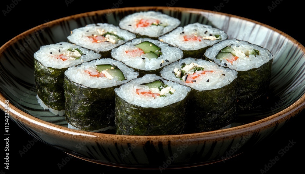 Nine maki sushi rolls arranged in a bowl. Perfect for menus, websites, or culinary blogs. Nine maki sushi rolls arranged in a bowl. Perfect for menus, websites, or culinary blogs.