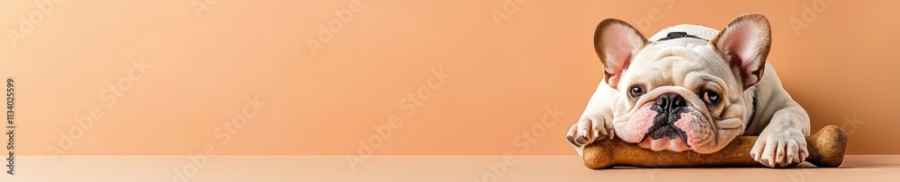 Bulldog with floppy ears chewing on a bone, light brown background Bulldog with floppy ears chewing on a bone, light brown background