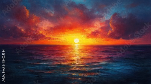 Fiery Sunset over the Ocean: A Digital Painting of Serene Beauty