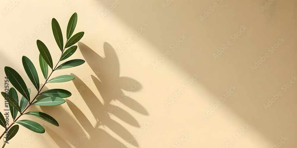 Modern summer minimal of olive tree branch, wall background, copy space interior lifestyle, Minimalistic background with elegant olive tree leaves on a soft beige wall, providing space for text Modern summer minimal of olive tree branch, wall background, copy space interior lifestyle, Minimalistic background with elegant olive tree leaves on a soft beige wall, providing space for text