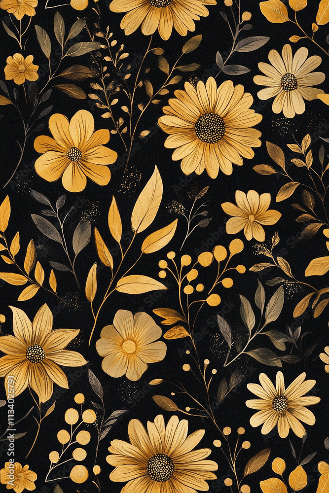 Floral Pattern of Gold Contour and Leaves on a Dark Backdrop.. Floral Pattern of Gold Contour and Leaves on a Dark Backdrop..