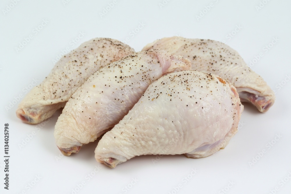 Four raw chicken drumsticks seasoned with pepper on white background. Four raw chicken drumsticks seasoned with pepper on white background.