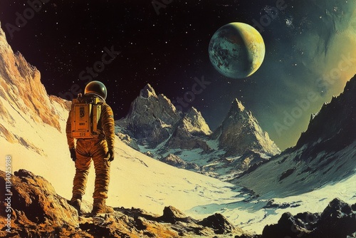 a painting of an astronaut standing on a mountain photo