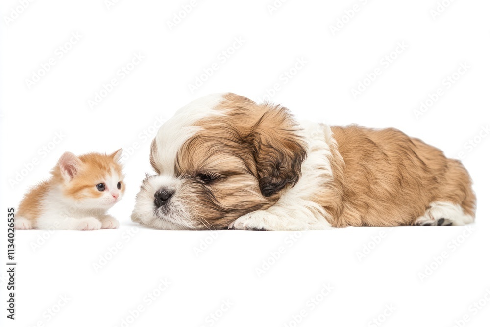 Adorable kitten and puppy lying down together on white background. Adorable kitten and puppy lying down together on white background.